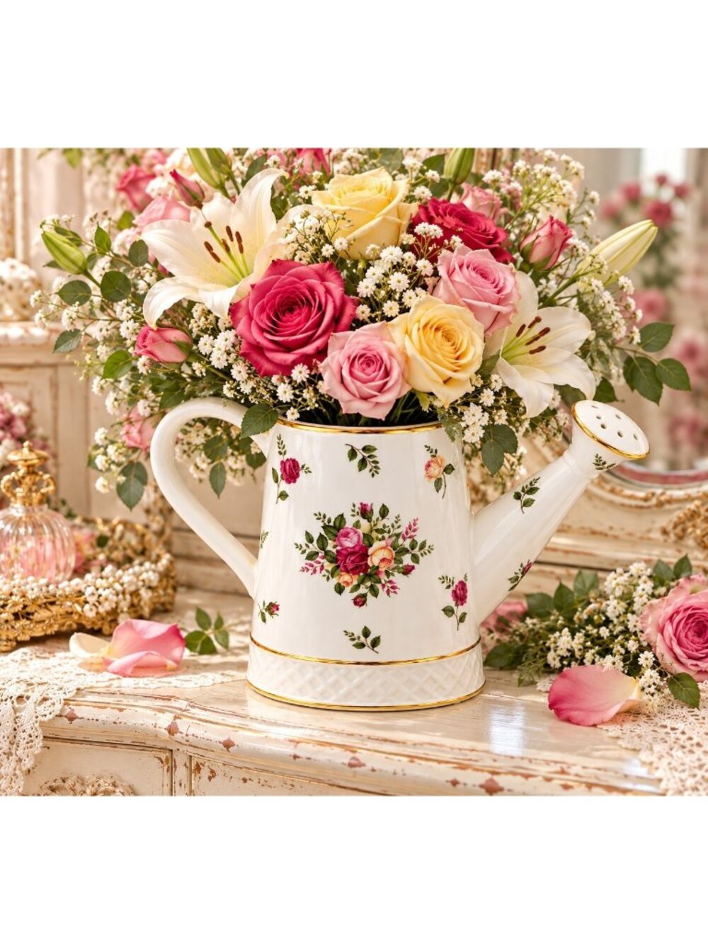Vintage 1962 Royal Albert Old Country Roses Watering Can Planter Vase 8"